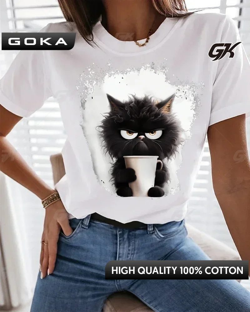 

Summer simple and fun black cat print short sleeved women and men Ins couple half sleeved loose Graphic Printed T-shirt Y2k top
