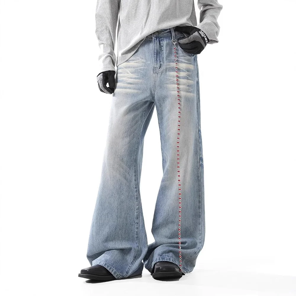 Casual Autumn Winter Men's Slimming Jeans American Retro Style Washed Ice Blue Mid Waist Casual Long Pants