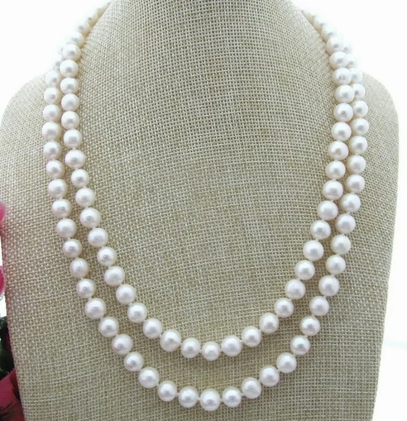 Perfect 2-Row AAA 7-8mm White South Sea Pearl Necklace 925s 18/36 inches 072515