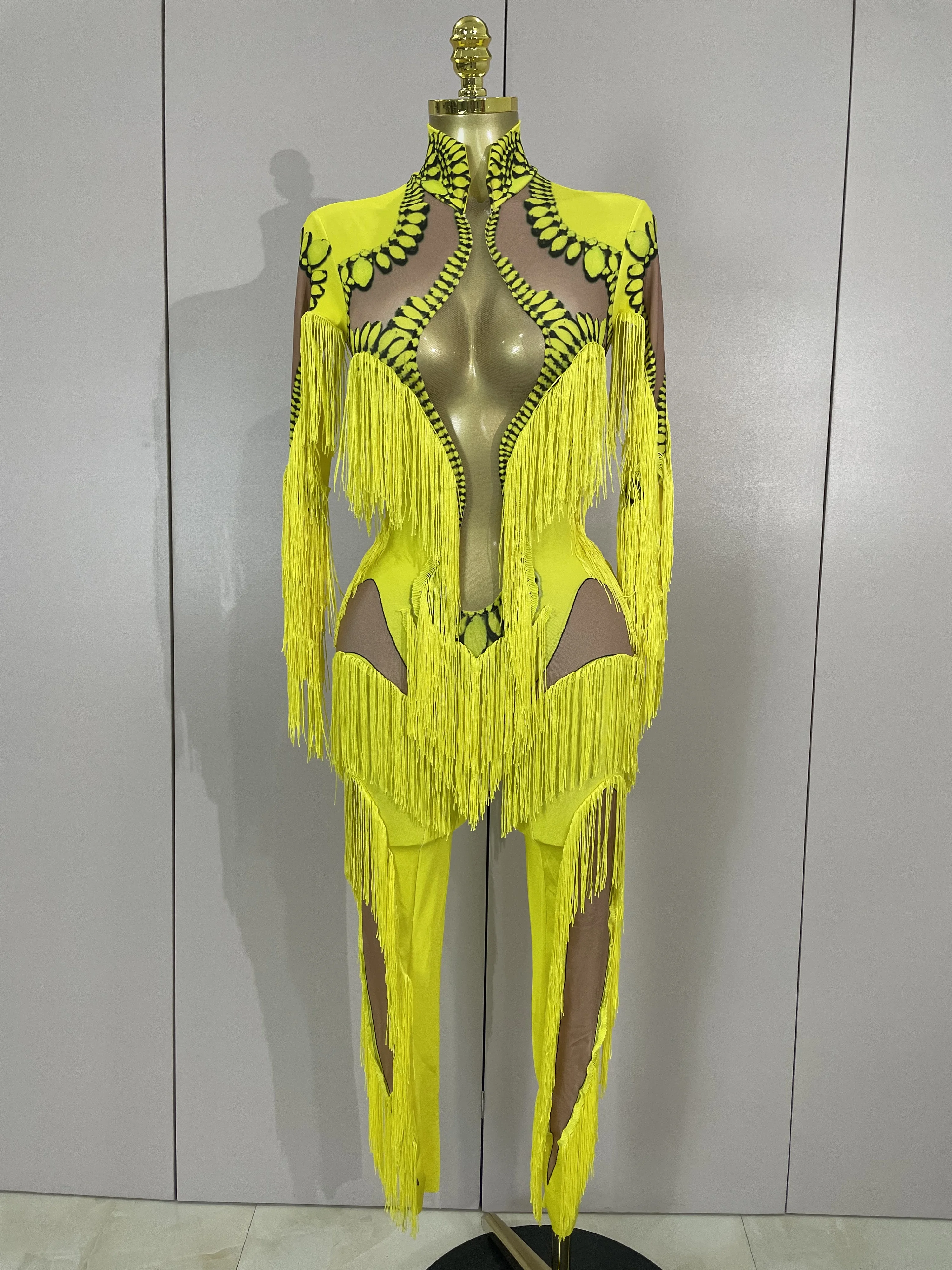 

Stage Yellow Tassel Stretch Bodycon Jumpsuit Nightclub Gogo Dance Clothing Dj Rave Nightclub Party Singer Performance Outfit