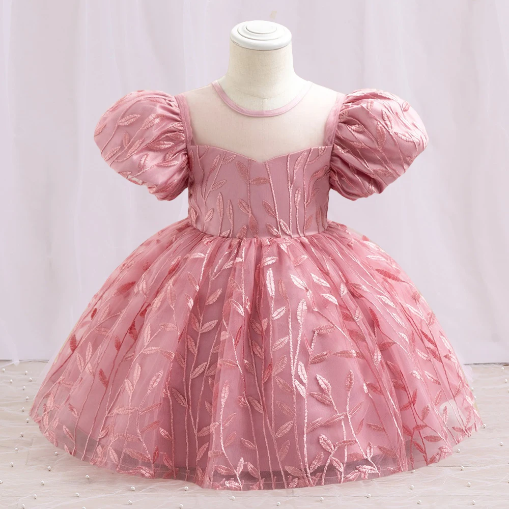 

Toddler Baby 1st Birthday Party Dresses For Girls Embroidery Bow Summer Clothes Puff Sleeve Kids Girl Princess Wedding Dress