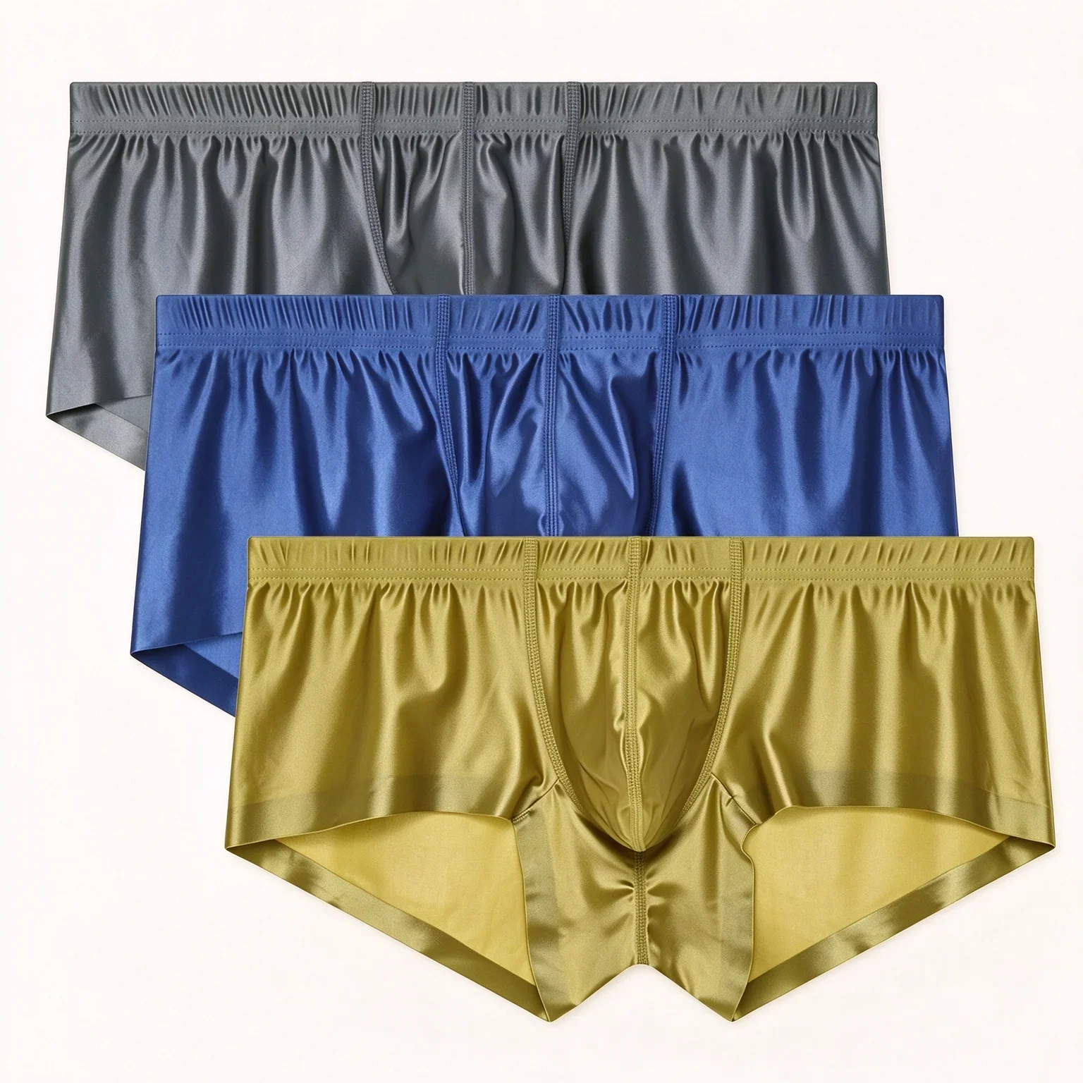 3PCS Shiny Satin-like Men Underwear Boxer Low Waist Solid Color High Stretch U Pouch Underpants for Sport Daily