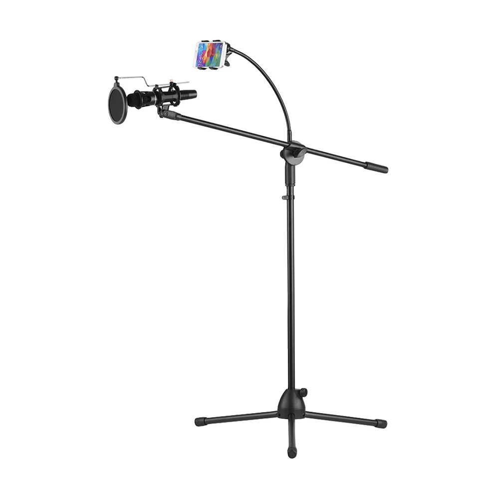 

Metal Microphone Floor Stand Tripod Adjustable Height with Boom Arm 3 Mic Holders & 1 Smartphone Holder for Studio Outdoor Cellp