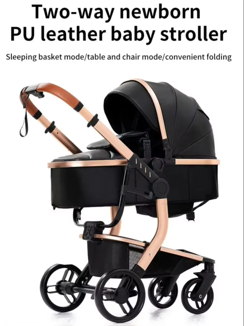 Luxuriöser 3-in-1 Kinderwagen aus PU-Leder, Wasserdichter Neugeborenen-Buggy mit Autositz, Tragbarer Reisekinderwagen, Faltbarer Kinderwagen