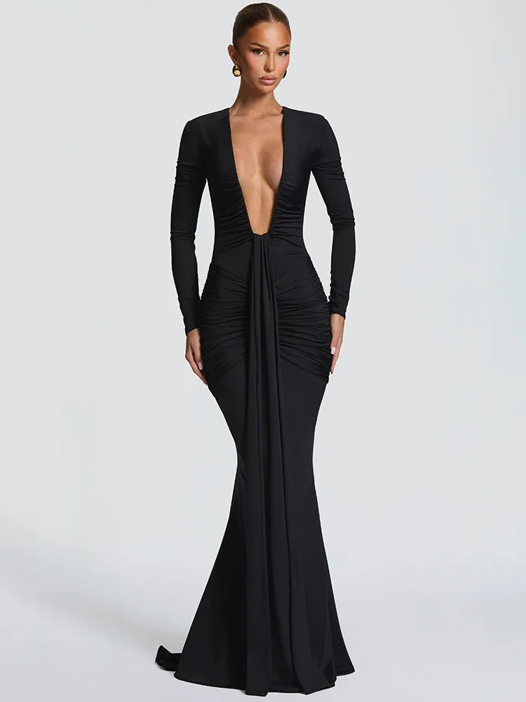 

2026 Deep V Neck Long Sleeve Sexy Maxi Dress Women Gown Spring Elegant Draped Ruched Bodycon Club Party Long Dresses Female