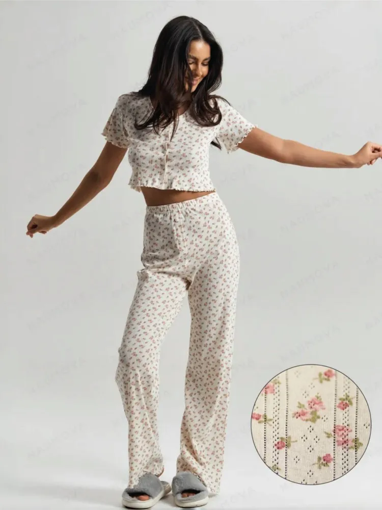 

Spring Autumn Woman's Sweet Pajama Two-piece Set Fashion Short-sleeved Single-breasted Top Long Pant Nighty Suit Ladies Homewear