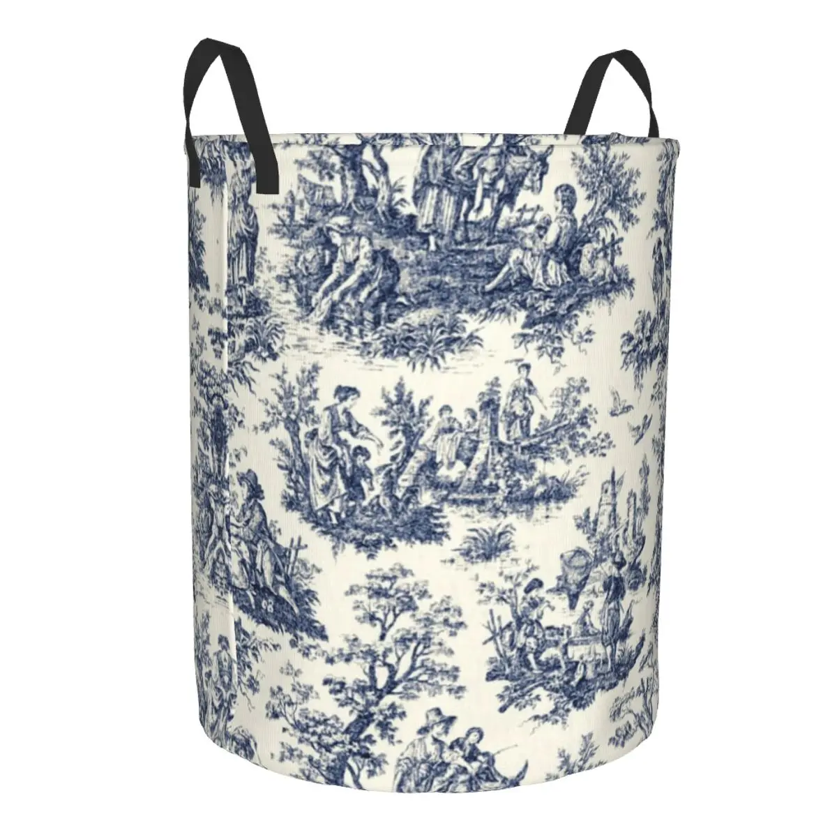 Custom Vintage Toile De Jouy Laundry Basket Collapsible Navy Blue And White Clothes Hamper for Nursery Kids Toys Storage Bag