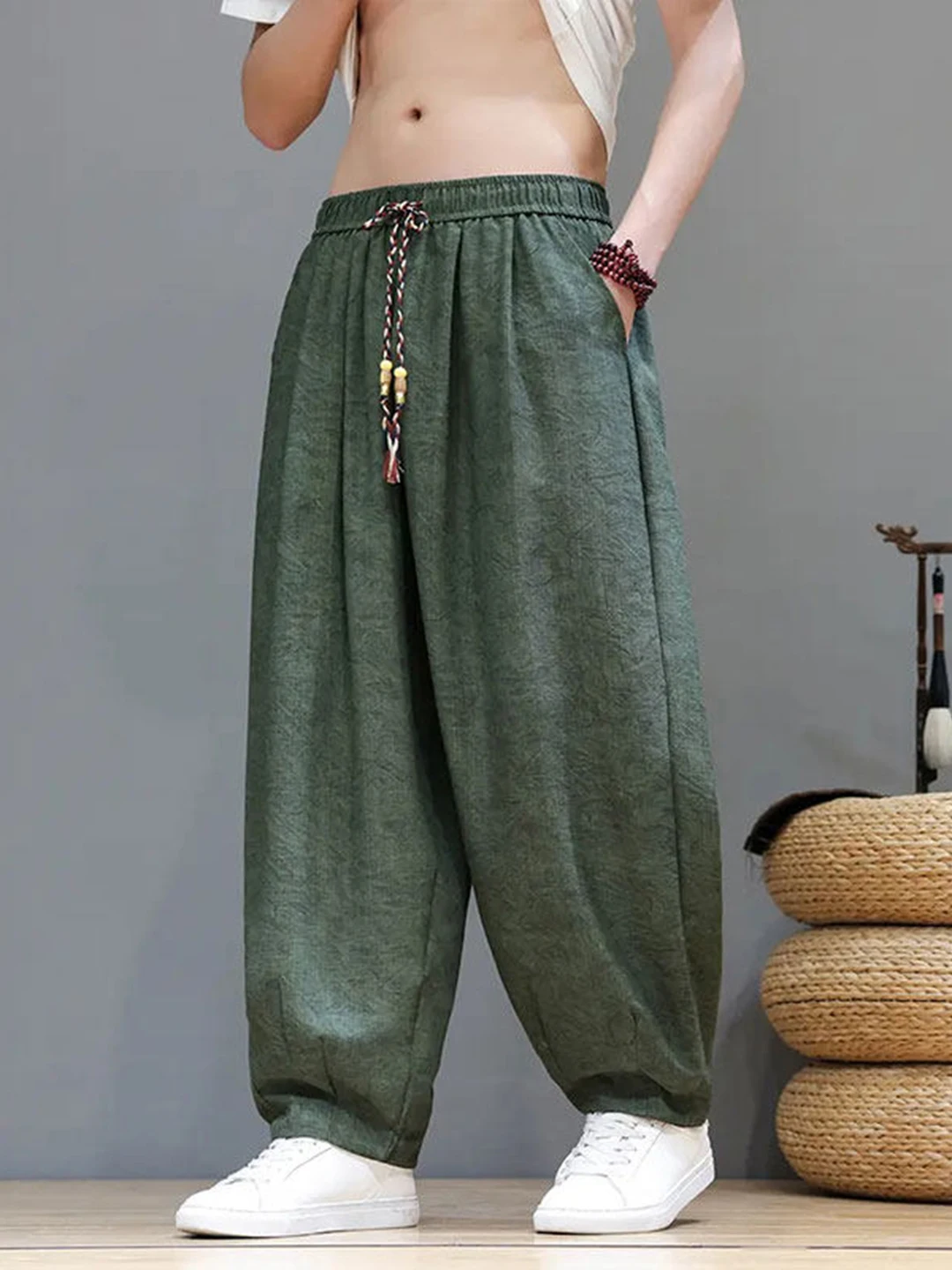 

New Chinese Style Men's Ice Silk Wide Leg Pants Summer Casual Loose Fitting Trousers Breathable Comfortable Harlan Drawstring