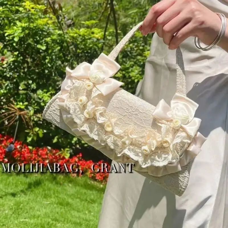Bloom Fairycore Aesthetic Handbag Women Retro Haruku Lolita Pearl Sweet Shoulder Bags Female Vintage Handle Handbags Ladies