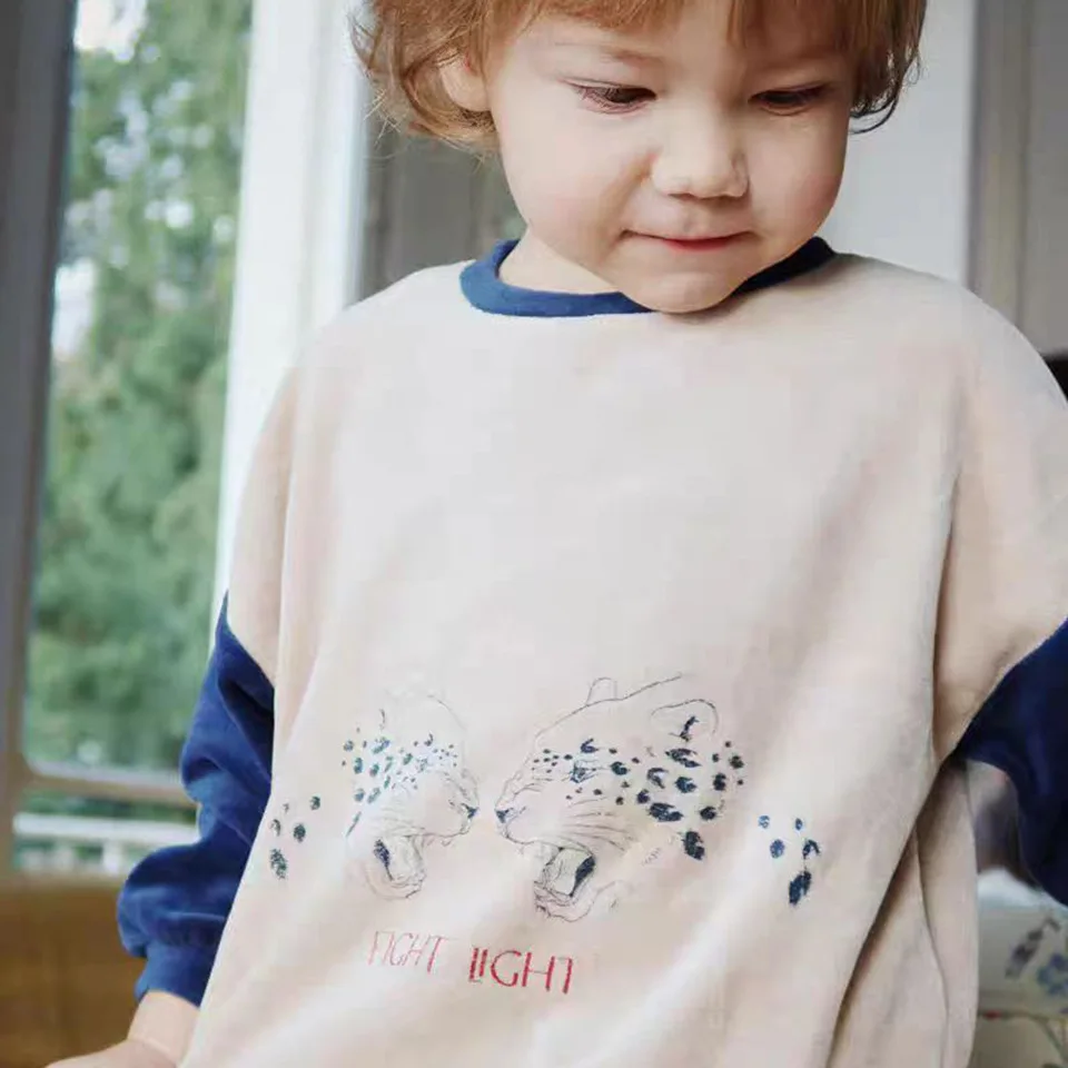 Children's Sports Set 24 A/W KS New Girls Fleece Sweatshirt Children's Color-Blocked Lace Long Sleeve Boys Casual Set In Stock