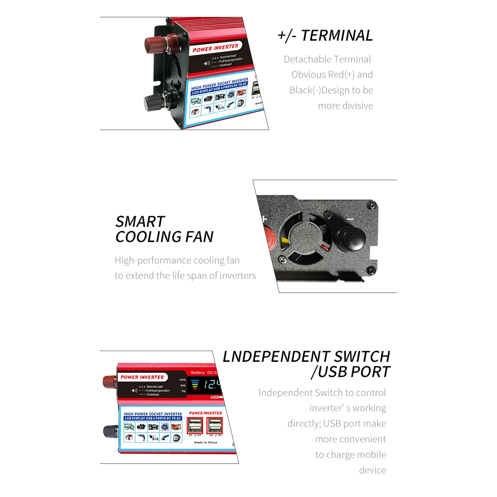 Solar Power Inverter High Efficiency Sine Wave Inverter Home Car RV Solar Power Converter with LCD Display DC 12V to 110V AC850W