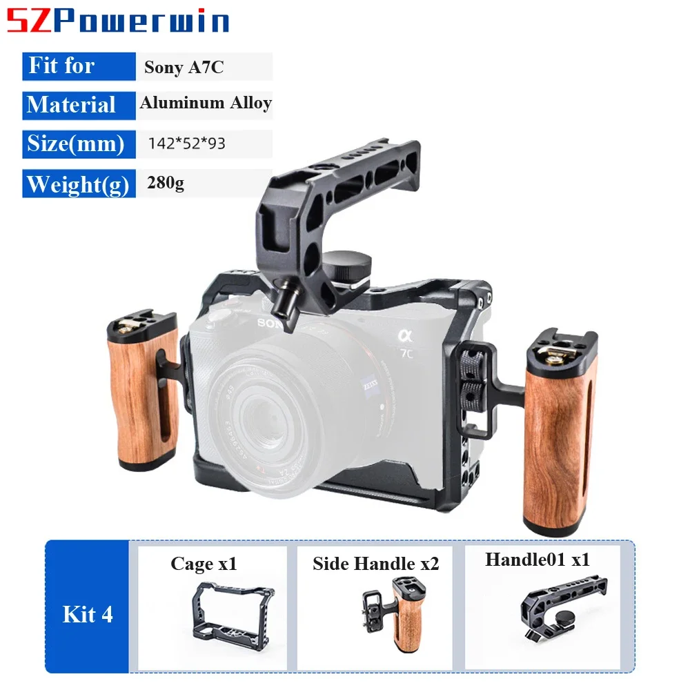 Powerwin For Sony A7C Camera Cage with wooden Handgrid Handle Kit Aluminum Alloy Multifunctional Arri Locating Screw