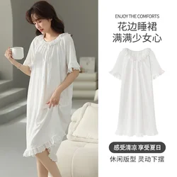 100kg Large Size Sweet Midi Night Dress Women Summer Short Sleeve Loose Sleepwear Princess Vintage Victorian Nightgown Pajamas