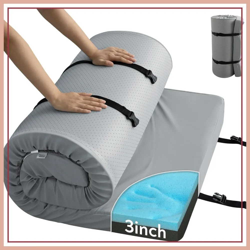 

3 Inch Memory Foam Camping Cot Mattress Pad with Waterproof Cover, Portable Roll Up Mat for Tent Truck, 72x24x3, Gray