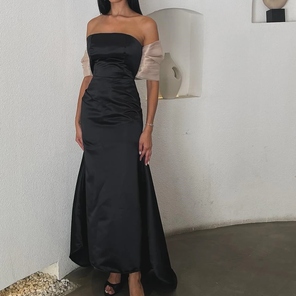 Customized Elegant Satin Off the Shoulder Evening Dress Delicate Strapless Straight Half Sleeves Floor Length Homecoming Gowns