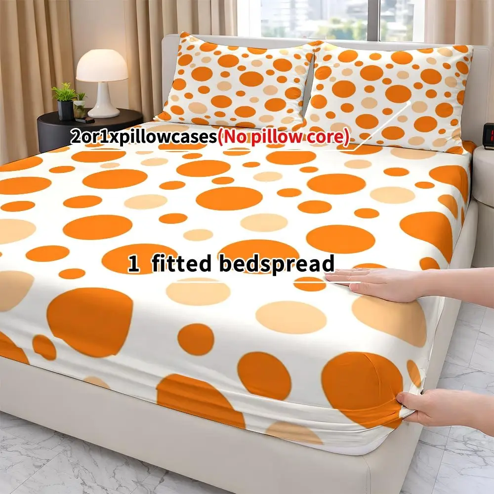 Orange polka dot fitted sheet set for queen, king, and full-size beds, 2D digital print three-piece bedding set (includes 1 fitted sheet + 2 pillowcases), mattress protector, fitted elastic-style mattress cover, mattress protector, fitted bedding set