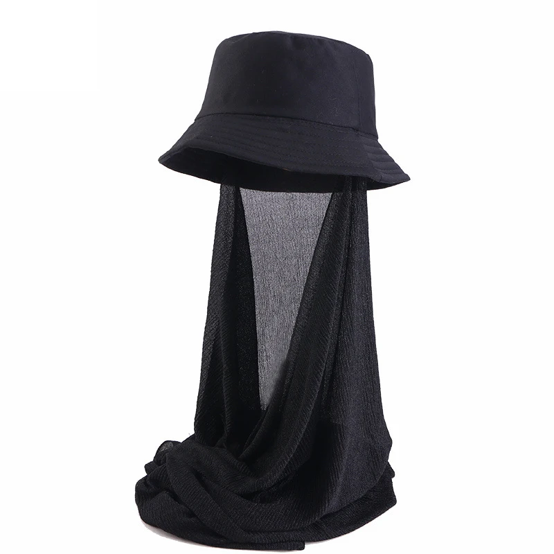 Fashion Women Bucket Hat With Instant Scarf Muslim Sunscreen Shawl Summer Sports Cap Headscarf Turban Wide Brim Bandana Headband