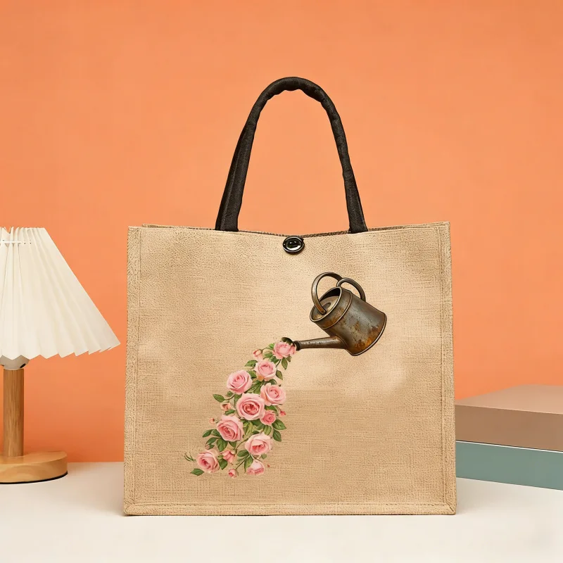 Mori ins style creative watering printing coarse hemp tote bag literary floral linen tote bag environmentally friendly gift bag