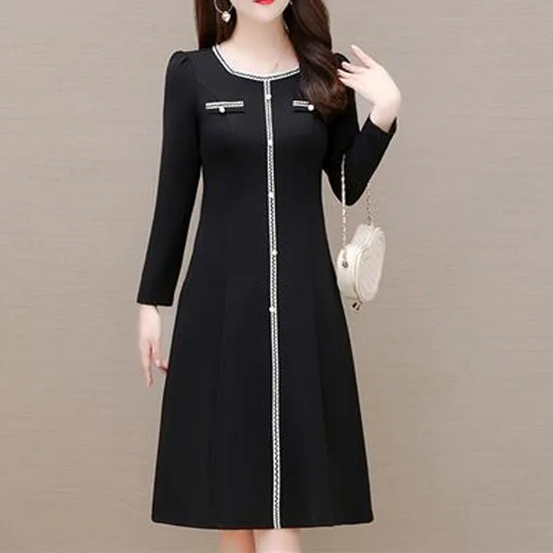 Plus Size Square Collar Wave Striped Knee-length Dress Office Lady Loose Waist Puff Sleeve A-line Skirt Pullover Women Grace