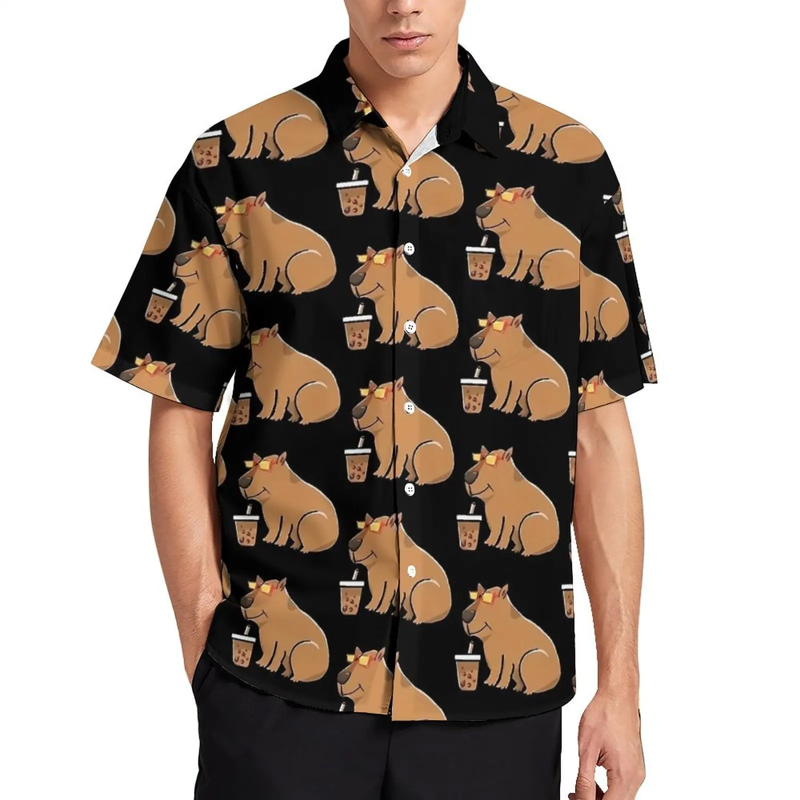 

Capybara Boba With Sunglasses And Bubble Tea Vacation Shirt Summer Casual Shirts Men Novelty Blouses Short Sleeve Harajuku Tops