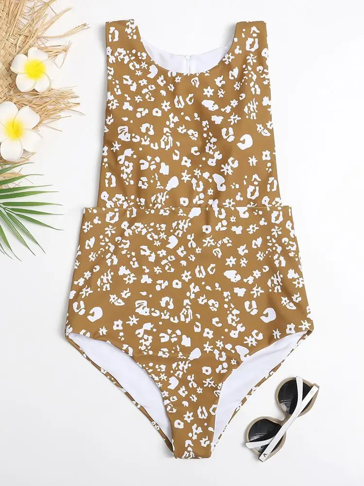 Bañador Retro de una pieza para mujer, traje de baño estampado con cremallera, ropa de playa de verano, Monokini, 2021