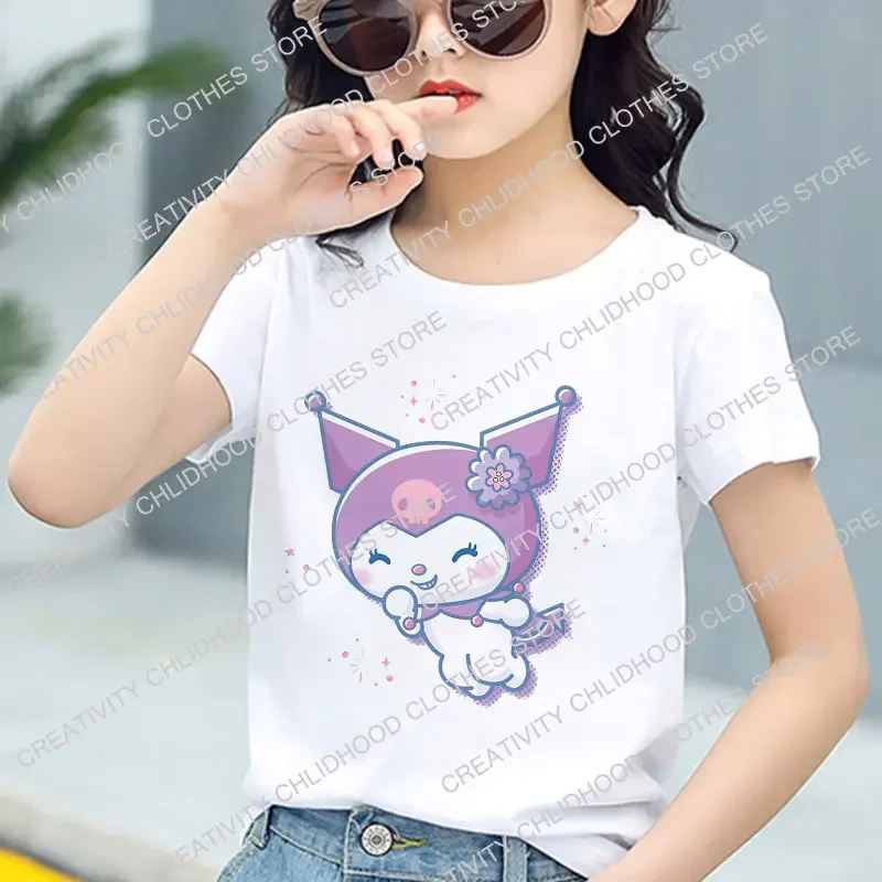 Sanrio Cinnamoroll camiseta anime infantil, camiseta kawaii, desenhos animados da Hello Kitty, roupas casuais, roupas infantis, tops para meninas e