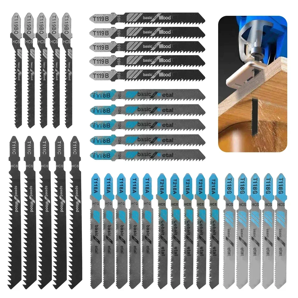 35Pcs Jigsaw Blades Set T-Shaft HCS Assorted Jig Saw Blades for Wood Plastic Metal T111C T118A T118B T118G T119B T119BO T218A