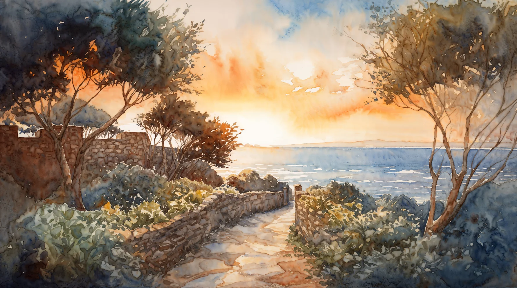 Customized murals European-style watercolor paths brick walls trees beach photos artistic wallpaper children's bedroom paintings