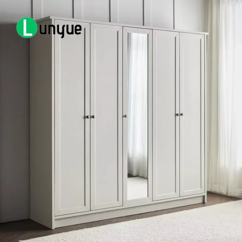 Modern Shaker Style 5 Door Wardrobe with Full Width Mirror Melamine MDF Hinged Closet Storage Cabinet for Bedroom Home