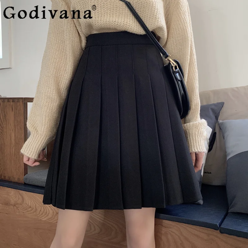 

Large Size L-4XL Pleated Girl Autumn A-line Black Korean Pleated Skirt High Waist JK Versatile Age Reduction Medium Long Skirts
