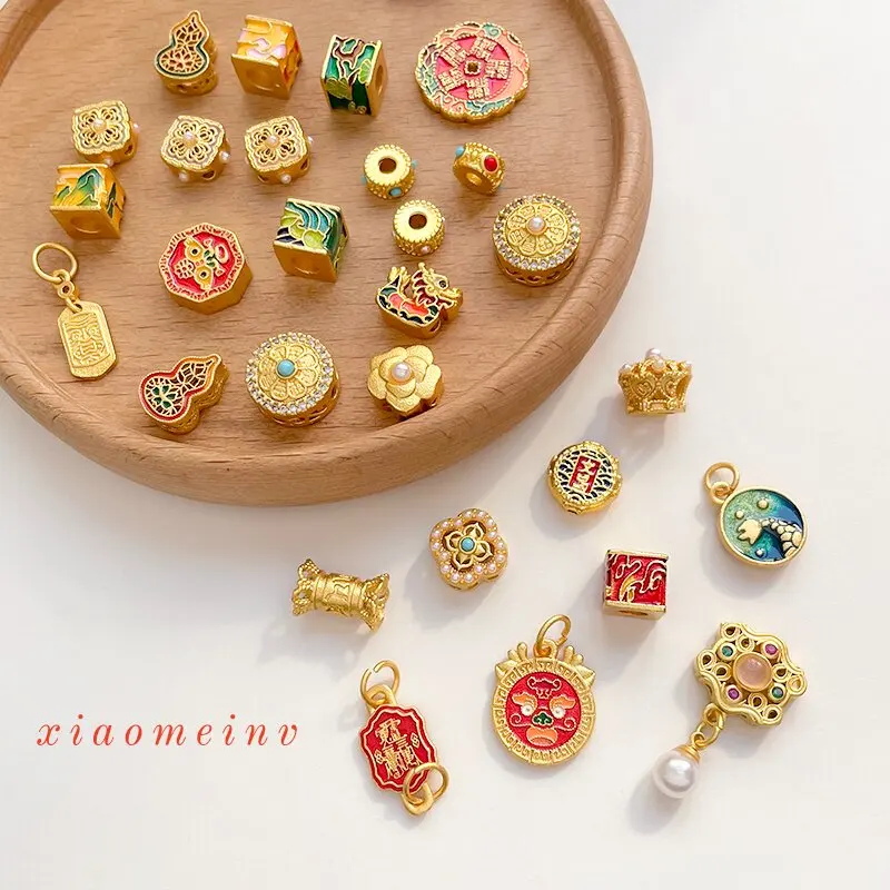 6pcs Ancient-style Copper-plated Gold Colored Pearl Hollowed-out Small Pendant Diy Handmade Beaded Jewelry Accessory