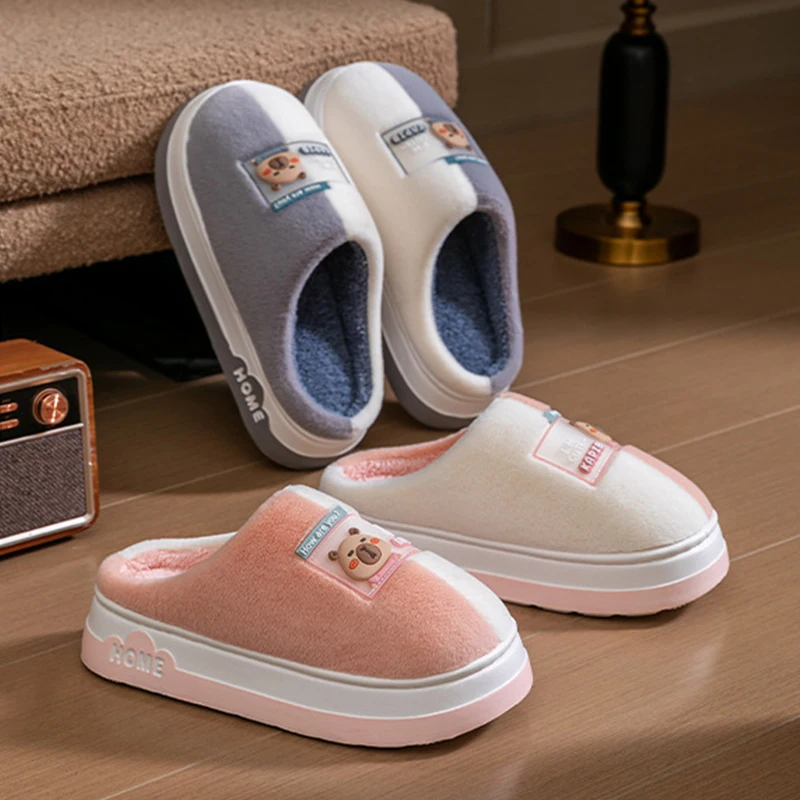 2025 New Cartoon Plush Slippers for Women - Winter Warm Couple House Shoes, Thick Sole Indoor Cotton-Lined Home Slides image 3