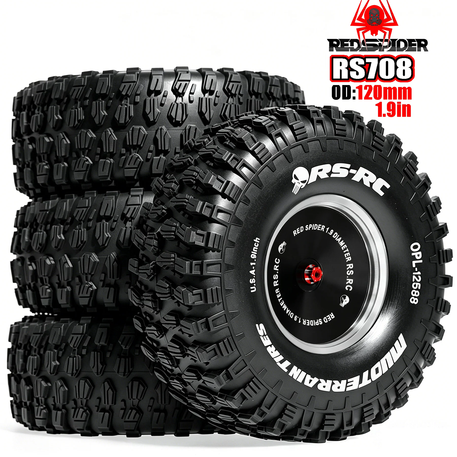 RED SPIDER 4Pcs 1.9 Inch 120mm Rubber Tyre Mud Terrain Metal Beadlock Wheel Rim Set  For 1/10 RC Crawler Buggy FCX10 MST CFX VP