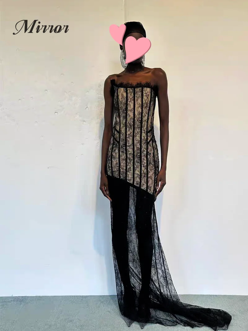 

Mirror Dress Elegant Vintage Sexy Black Mermaid Lace Asymmetrical Customize Formal Occasion Prom Dress Evening Party Gowns