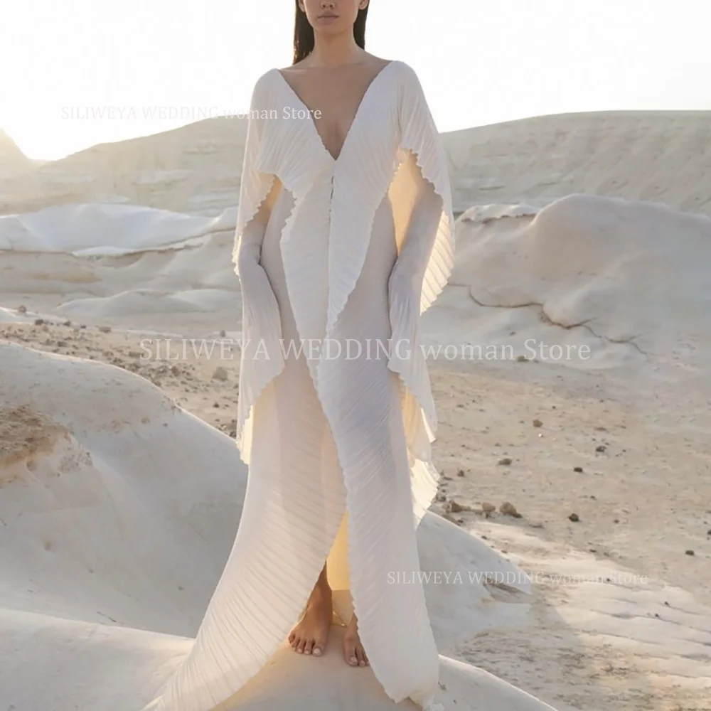 여성용 클래식 화이트 플리츠 이브닝 드레스, 시크한 긴 소매, 깊은 V넥 바닥 길이, 격식있는 저녁 식사 피로연 드레스