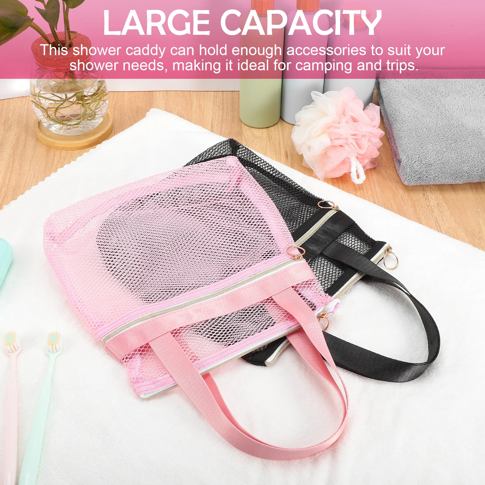 2 قطعة حقيبة دش شبكية محمولة ذات سعة كبيرة من النايلون المتين لصالة الألعاب الرياضية والسفر والتخييم ومستلزمات النظافة وحقيبة الحمام والسفر #3