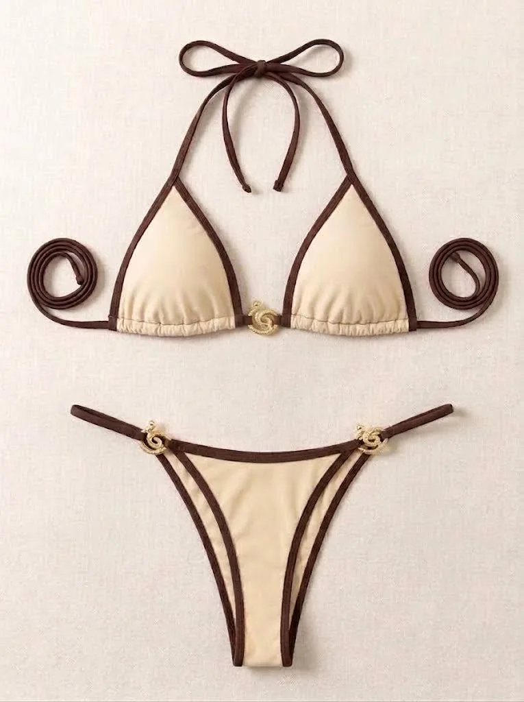 JEWELRY SEN Women Contrast Trim Halter Triangle Bikini Set 2-Piece Gold Metal Buckle Side Tie Beach Bathing Suit Swimwear