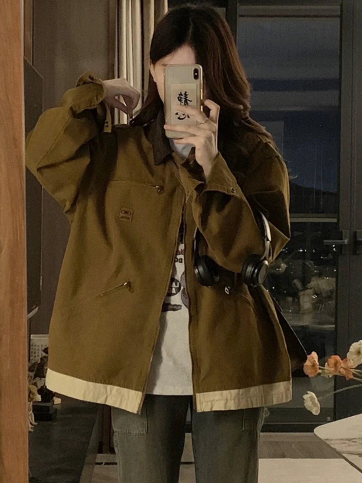 

Baseball Jackets Nylon Womens Autumn Printed Skinny Sheepskin Decorated Trendy Y2K Outwears Shearling Button-Embellished Thin OL