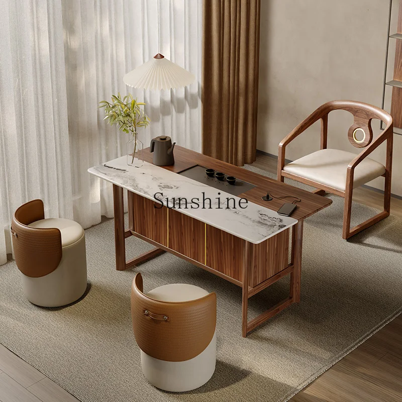 

New Chinese style modern simple balcony tea table and chair combination household living room solid wood marble double spell