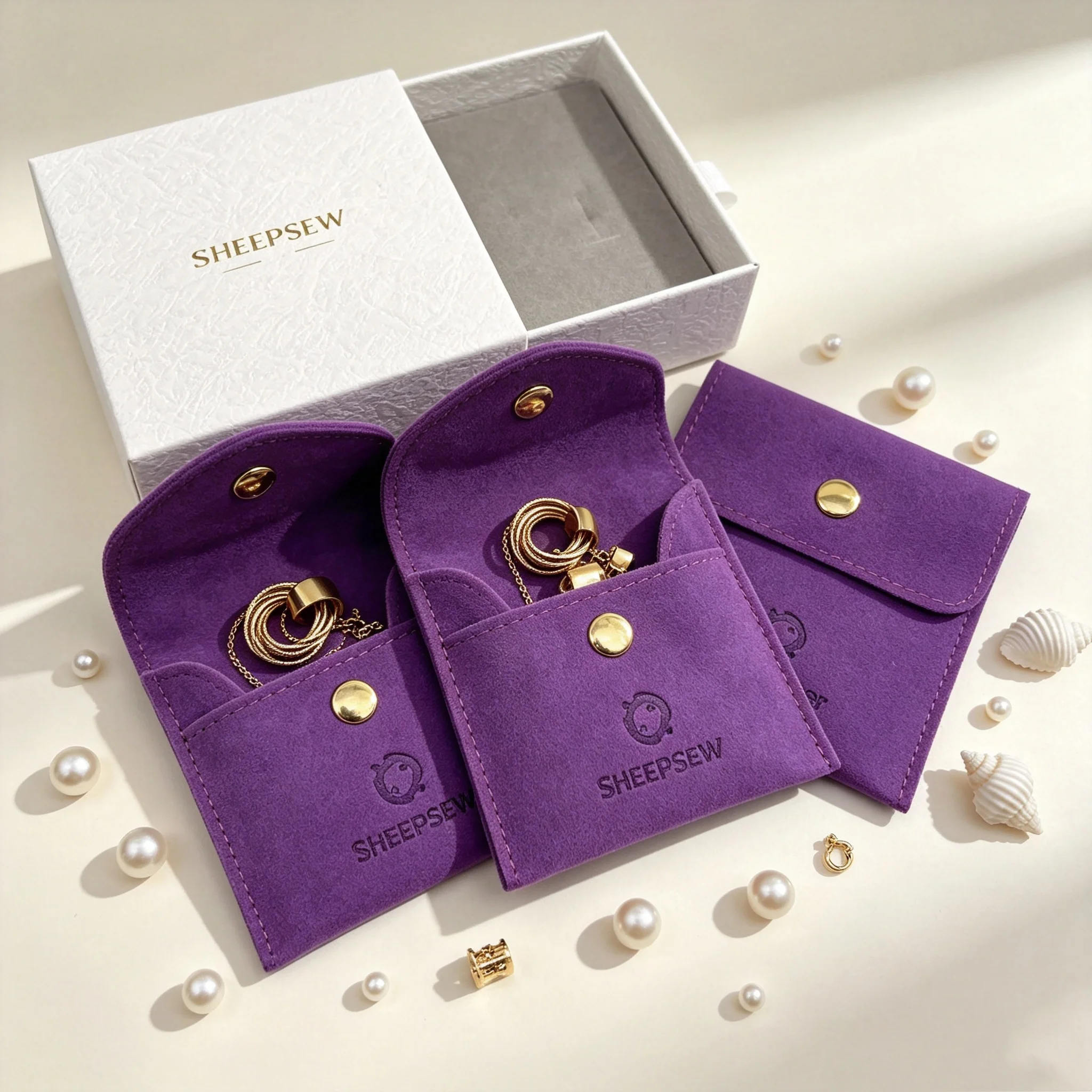 SheepSew Wholesale Hot Sale Purple Mini Microfiber Suede Jewelry Pouches Custom Personalized Logo Bulk For Jewelry Shop Earrings