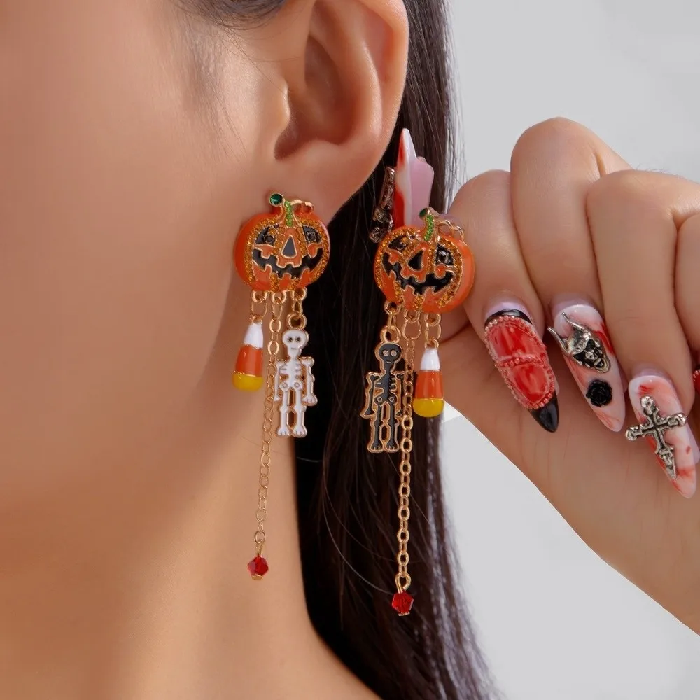 Creative Alloy Material Halloween Earrings Long Tassel Design Dripping Oil Effect Drop Earrings Pumpkin Earrings For Women