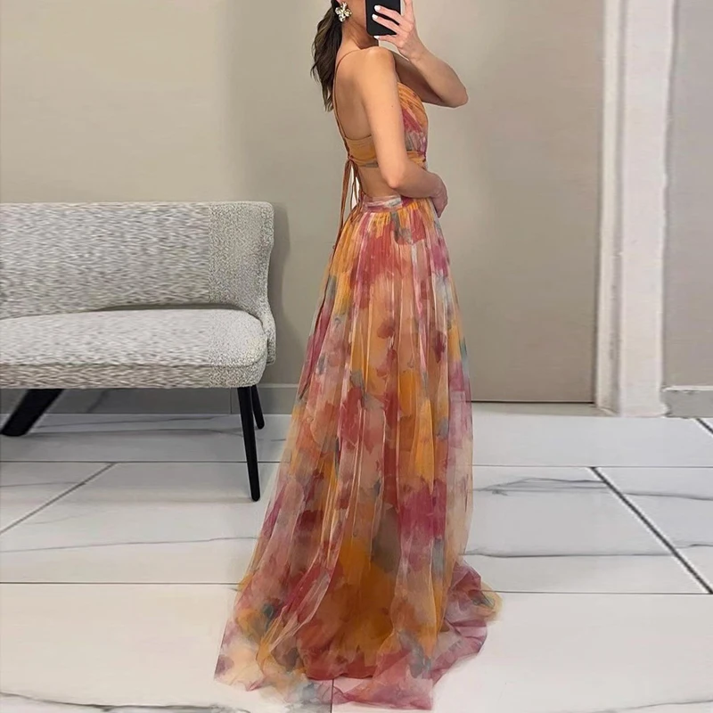 Elegant Print Pleated Mesh Evening Dress Sexy Off Shoulder Ins Vacation Long Dress Summer V Neck High Waist Backless Sling Dress