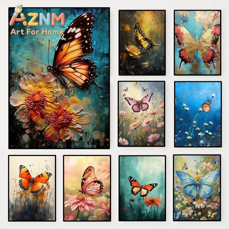 Modern Abstract Floral Butterfly Poster Colorful Insect Flower Scenery Canvas Painting Wall Art for Living Room Home Decor Mu