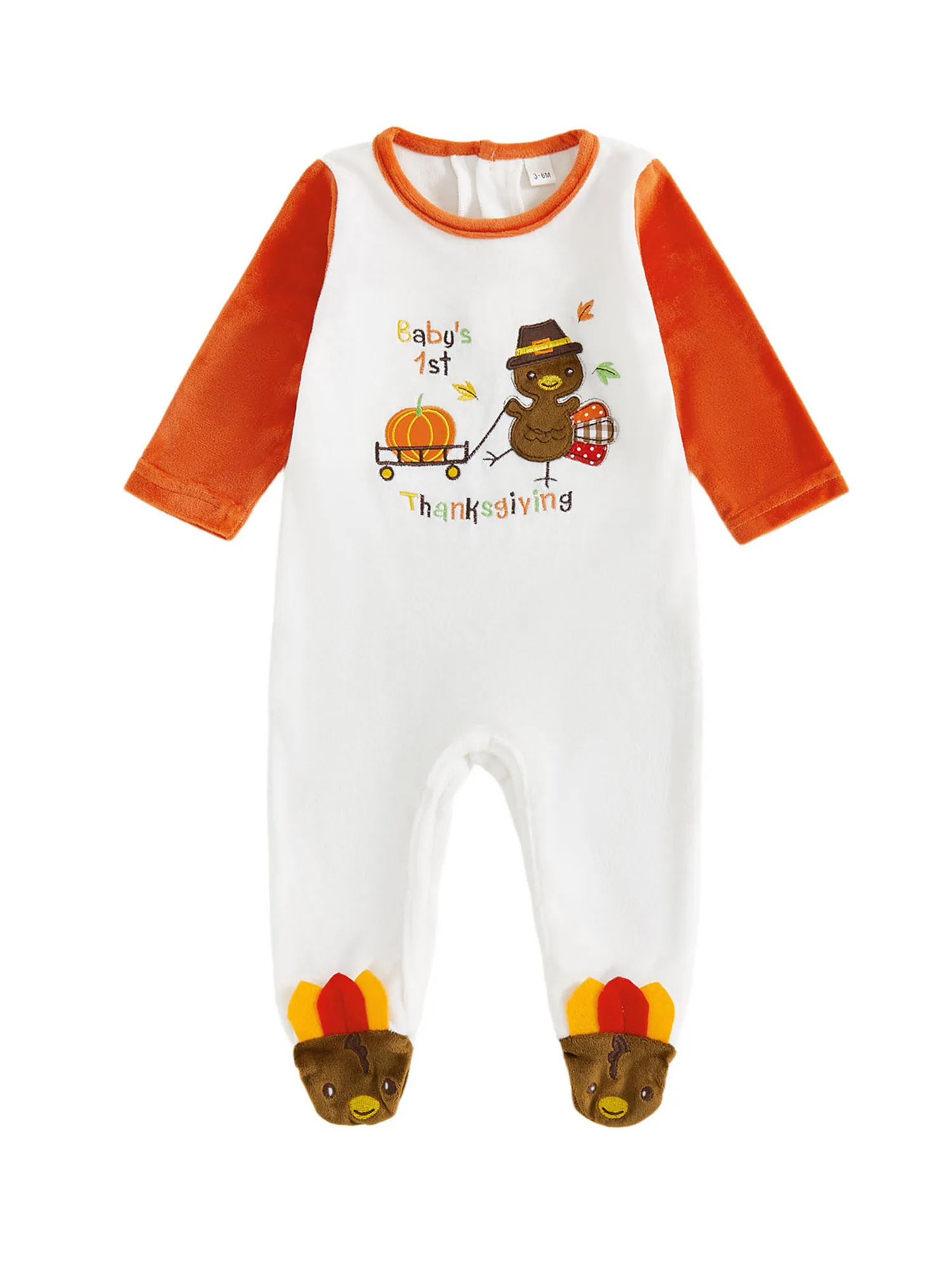 

Thanksgiving Baby Romper Long Sleeve Turkey Embroidery Footed Jumpsuit with Hat and Socks Set for Newborn Infant
