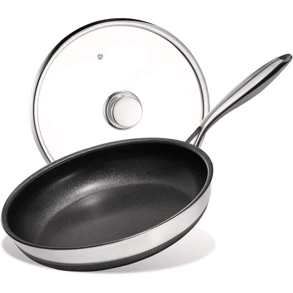 

Non Stick Frying Pans with Lid, 12 Titanium Coated Nonstick Stainless Steel Skillet, Quick-Cool Handle, Dishwasher & Oven Safe,