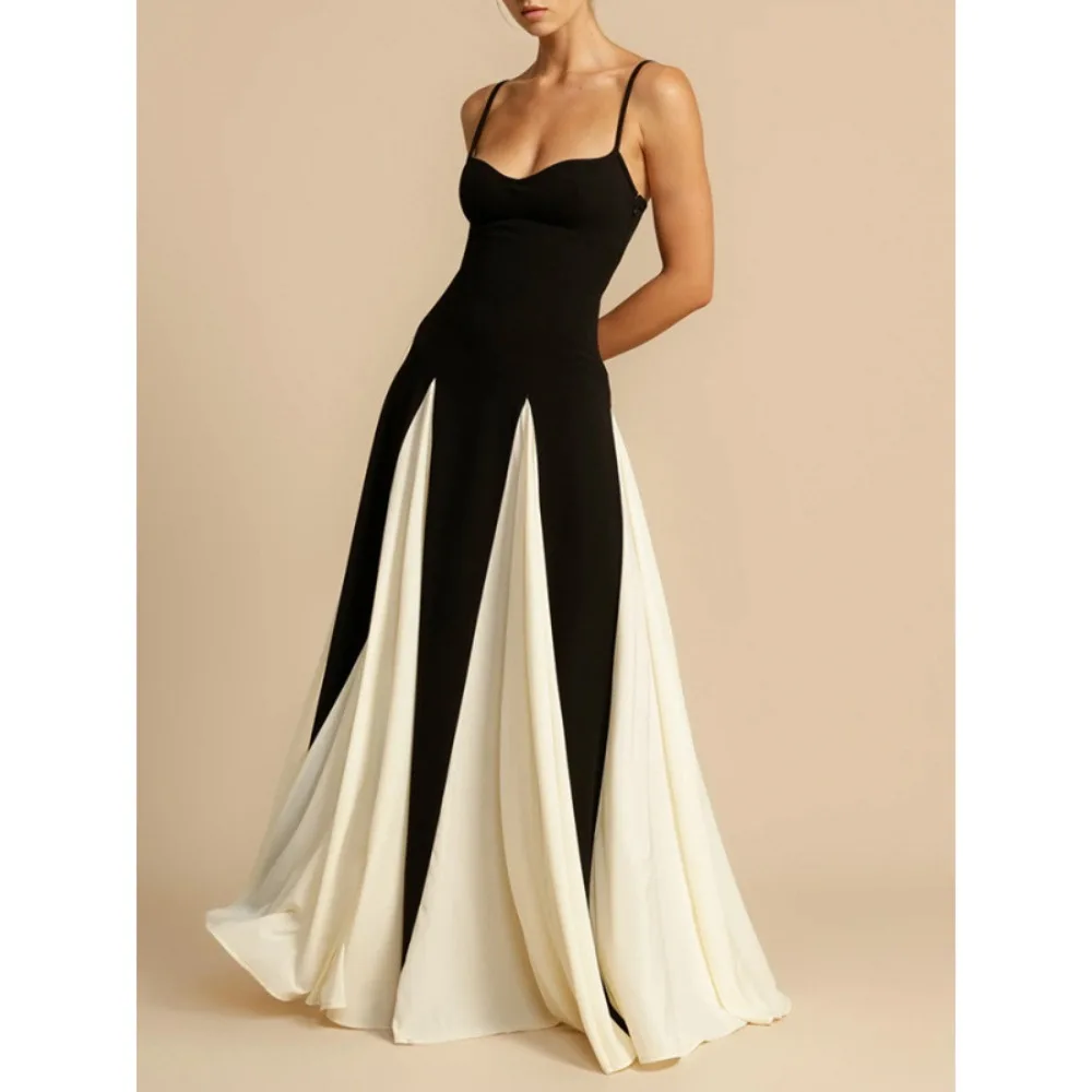 Women Off Shoulder Spaghetti Strap Evening Dress Sexy Splice Flare Hem Club Party Gown Elegant Trendy Night Out Date New