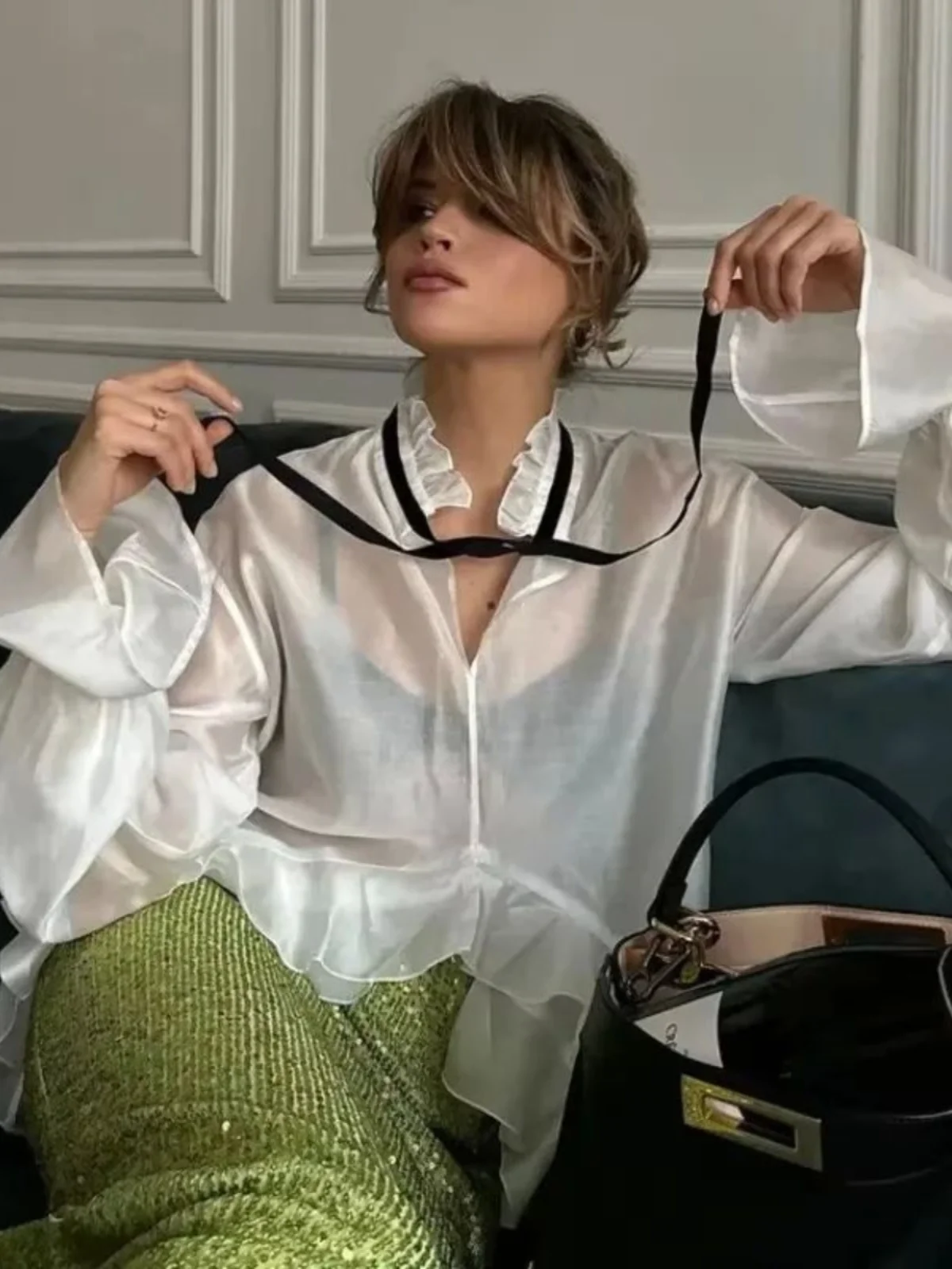 

Повседневная свободная женская рубашка с длинными рукавами и шнуровкой, однотонная, для уличного стиля, весенняя коллекция