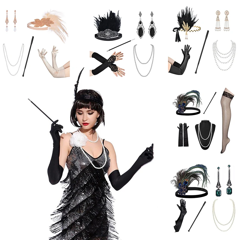 1Set 1920's Flapper Cosplay Costume Feather Headband Pearl Necklace Bracelet Stockings Long Glove Gatsby Masquerade Accessories