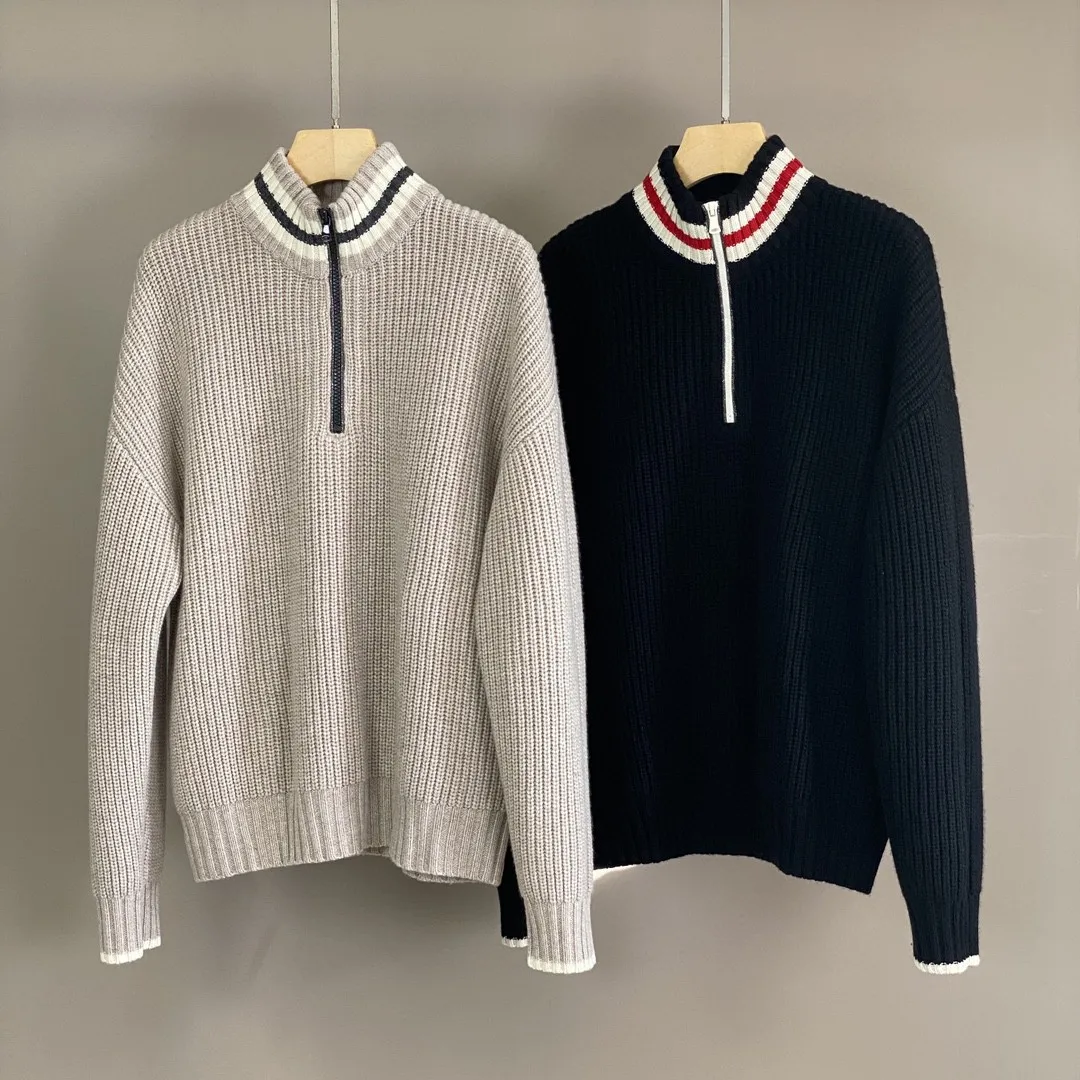 Wool Cashmere Sweater for Women Beaded Half Zipper Striped Stand Collar Long Sleeve Vintage Ladies Knitted Pullover