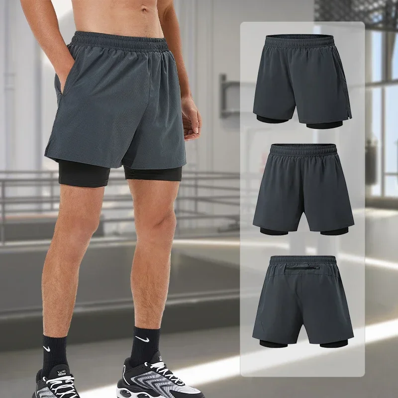 Men's 2 In 1 Running Shorts Jogging Gym Fitness Training Quick Dry Beach Short Pants Male Summer Beach Sports Workout Bottoms